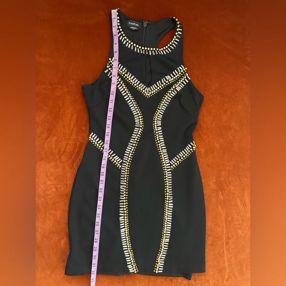 Bebe Bodycon Stretch Ponte Beaded High Neck Scoop Back Cocktail Mini Dress M - Picture 12 of 14